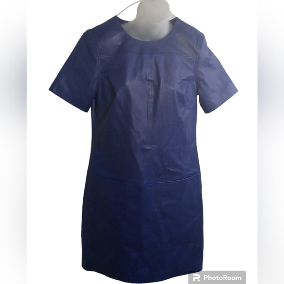 Trina Turk Navy Blue Genuine Leather Shift Dress Short Sleeve Back Zip Mini SZ 6 - Picture 1 of 9